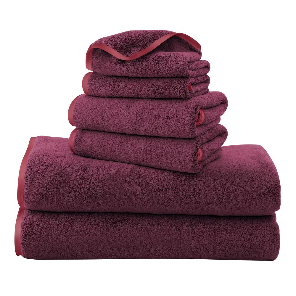 TENSTARS Microfiber Coral Velvet Luxury Silk Hemming Towel Set - Light Thin Quick Drying - 2 Bath Towels, 2 Hand Towels, 2 Washcloths - Burgundy 6 Pieces