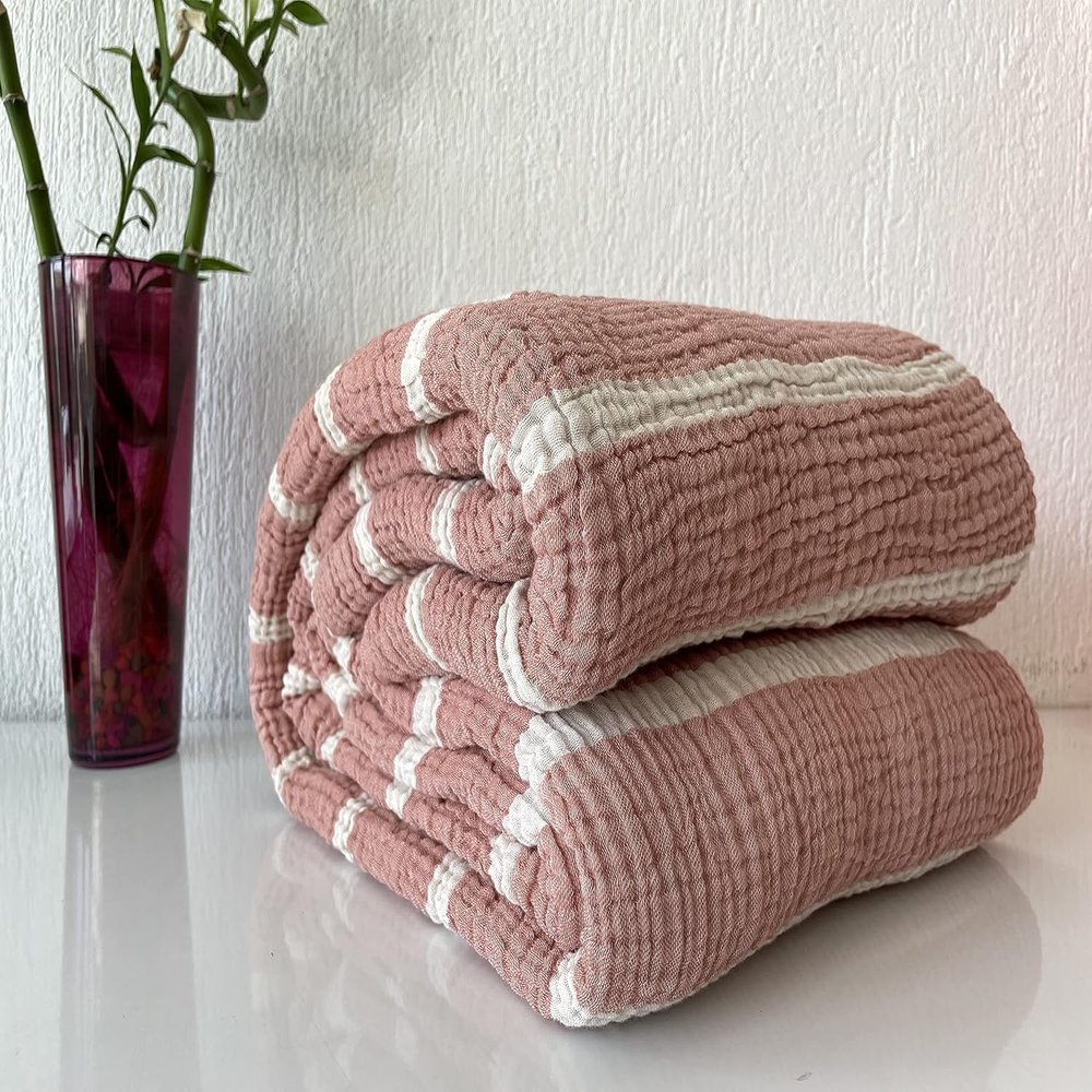 100% Cotton Muslin Striped Throw Blanket, 4 Layers Bedspread, Soft Turkish Cotton Muslin Bed Cover, Reversible Coverlet, Brick Red (Full/Queen Size 91x95-230x240cm)