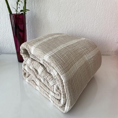 100% Cotton Muslin Striped Throw Blanket, 4 Layers Bedspread, Soft Turkish Cotton Muslin Bed Cover, Reversible Coverlet, Mink (King Size 95x102-230x260cm)