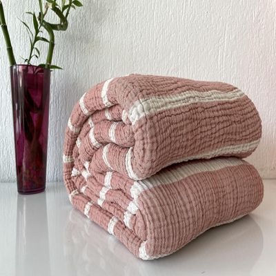 100% Cotton Muslin Striped Throw Blanket, 4 Layers Bedspread, Soft Turkish Cotton Muslin Bed Cover, Reversible Coverlet, Brick Red (Twin Size 63x90-160x230cm)