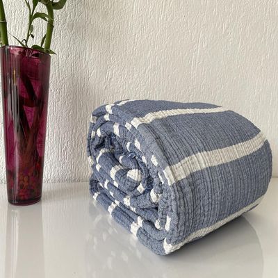 100% Cotton Muslin Throw Blanket, 4 Layers Bedspread, Soft Turkish Cotton Muslin Bed Cover, Reversible Coverlet, Indigo Blue (Full/Queen Size 91x95-230x240cm)
