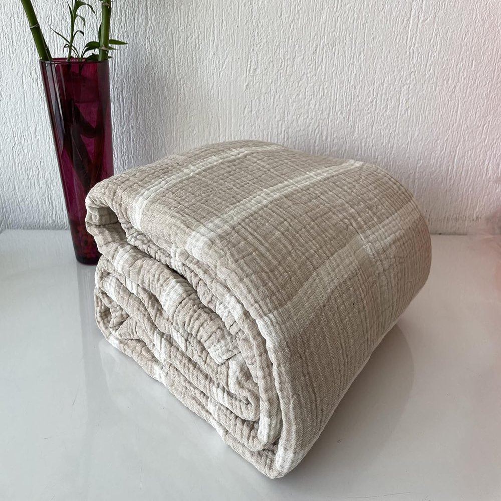 100% Cotton Muslin Striped Throw Blanket, 4 Layers Bedspread, Soft Turkish Cotton Muslin Bed Cover, Reversible Coverlet, Mink (Twin Size 63x90-160x230cm)