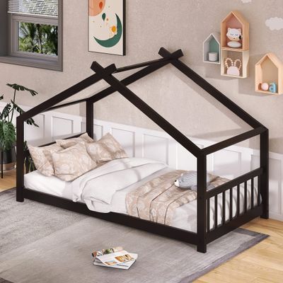 Harper & Bright Designs Twin Size House Bed for Kids, Wooden House Bed Frame with Headboard and Footboard, House Floor Bed with Slat Support, No Box Spring Needed (Espresso)