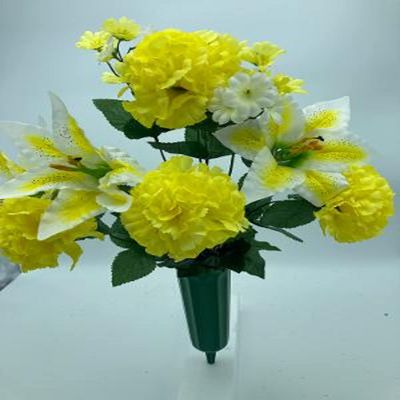 DIY Cemetery Silk Flower Bouquet Yellow Carnations White Lilies for Grave-site Present in Remembrance of Loved Ones Or Home Garden -