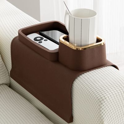 Couch Cup Holder Tray, Elimiko Silicone Anti-Spill and Anti-Slip Couch Drink Holder, Strong and Weighted Phone/Remote/Snacks Sofa Cup Holder (Brown)