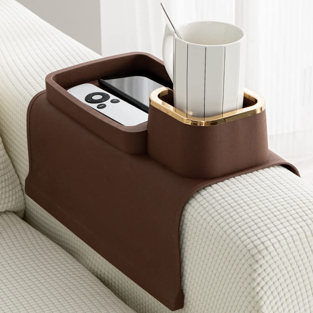 Couch Cup Holder Tray, Elimiko Silicone Anti-Spill and Anti-Slip Couch Drink Holder, Strong and Weighted Phone/Remote/Snacks Sofa Cup Holder (Brown)