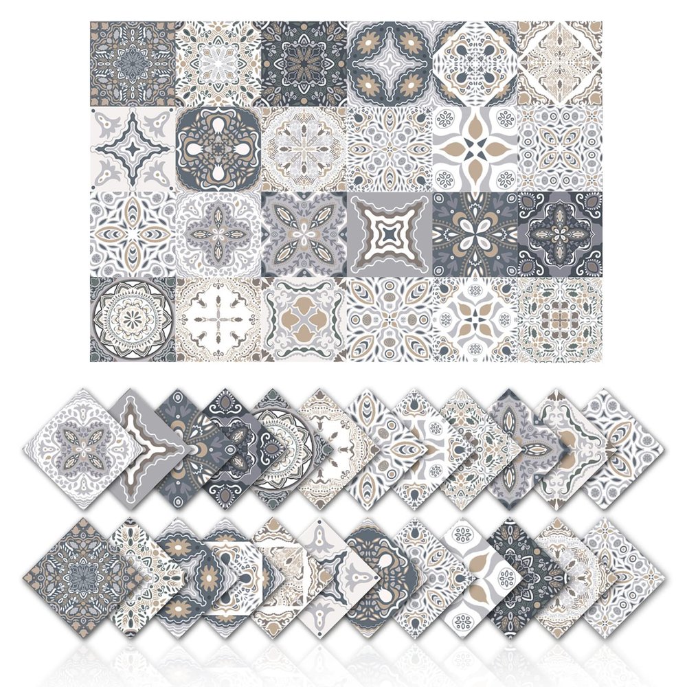 Tile Stickers Wall Decor Bathroom Kitchen Wall Sticker Waterproof PVC Decoration Stickers - 2D Sticker with Retro Design in Mosaic Style (Style-14, 4 x 4 Inch)