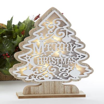 Delton LED Merry Christmas Tree, 12.2-inch Height, Wood, White