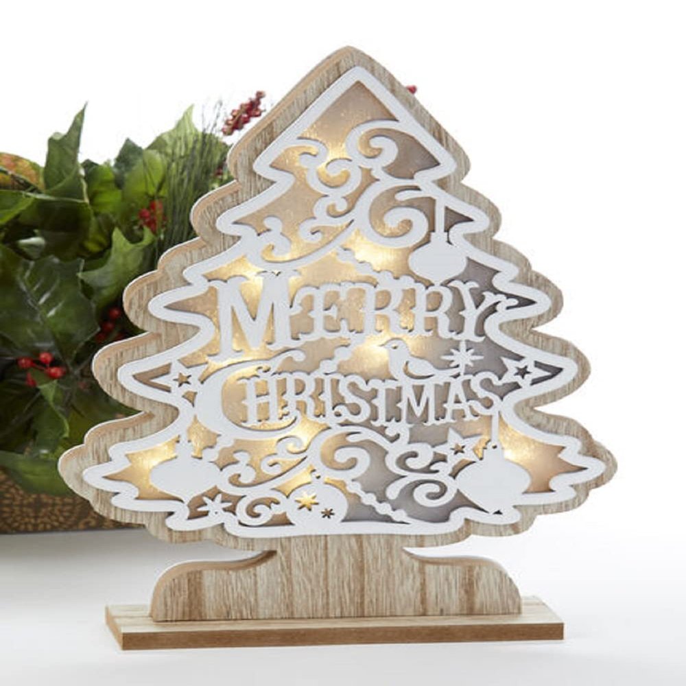 Delton LED Merry Christmas Tree, 12.2-inch Height, Wood, White