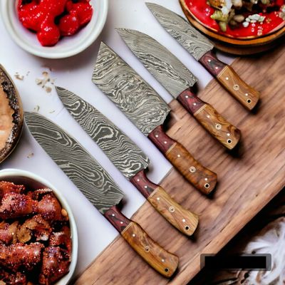 Wilson Roy Professional Kitchen Knives Custom Made Damascus Steel 5 pcs of Professional Utility Chef Kitchen Knife Set with Chopper/Cleaver with Pocket Case Chef Knife Roll Bag