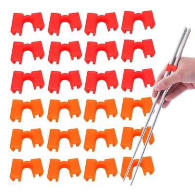 24 Pieces Reusable Kid Training Chopstick Helper for Kids Adults Beginner Learner or Trainers, Plastic Practice Chop Stick Pack, Hinges Connector for Practice Chopstick (Orange12pcs + Red 12pcs)