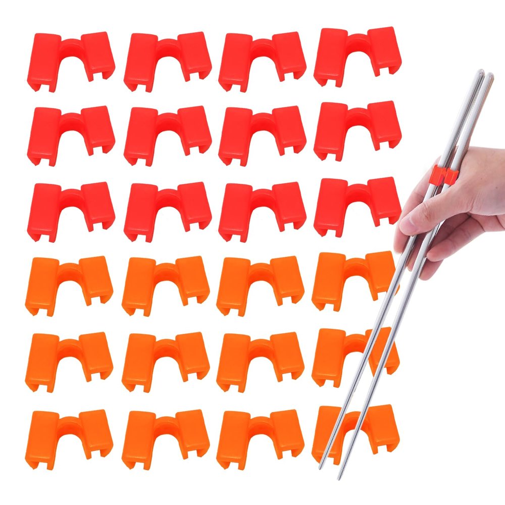 24 Pieces Reusable Kid Training Chopstick Helper for Kids Adults Beginner Learner or Trainers, Plastic Practice Chop Stick Pack, Hinges Connector for Practice Chopstick (Orange12pcs + Red 12pcs)