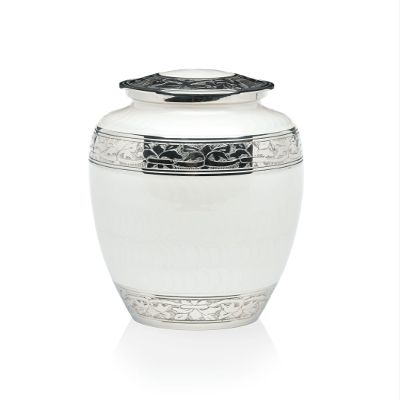 Adult Cremation Urn for Human Ashes - White Enamel Over Nickel-Plated Brass Memorial Cremation Urn with Fleur-de-lis Design - Brass Urn, Adult - 200 cu. in.