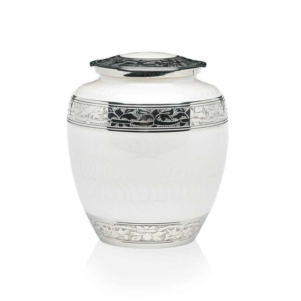 Adult Cremation Urn for Human Ashes - White Enamel Over Nickel-Plated Brass Memorial Cremation Urn with Fleur-de-lis Design - Brass Urn, Adult - 200 cu. in.