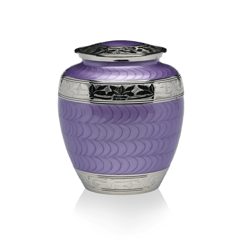 Adult Cremation Urn for Human Ashes - Purple Enamel Over Nickel-Plated Brass Memorial Cremation Urn with Fleur-de-lis Design - Brass Urn, Adult - 200 cu. in.