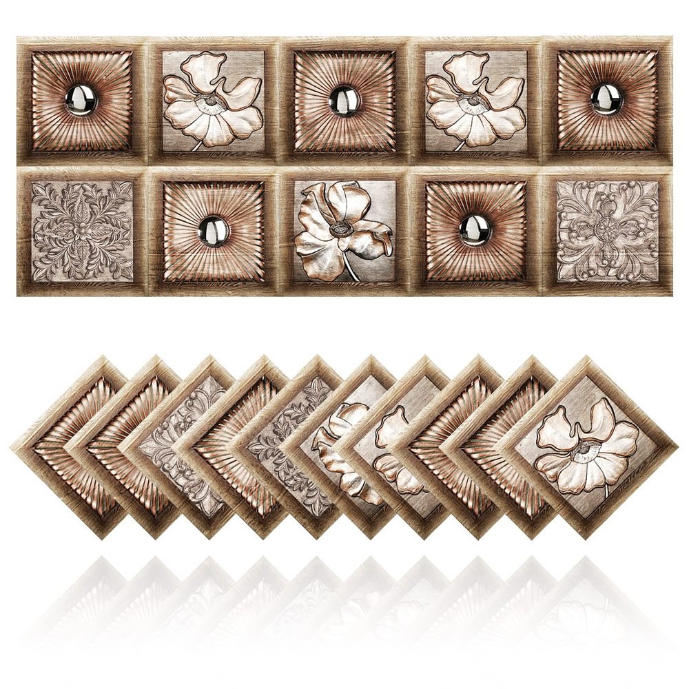 Cendray 20Pcs Tile Stickers for Bathroom Kitchen DIY Oilproof Waterproof PVC Retro Tile Sticker Self Adhesive Decoration Morocco Style Brown Flowers (8 x 8 Inch)