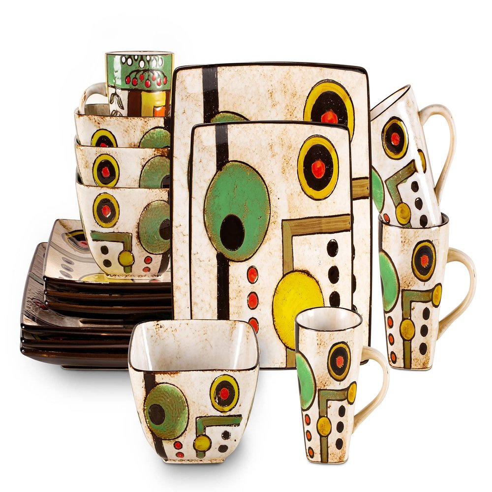 HomeVss 16pc Dinnerware Set, Stoneware Artisan Hand Painted Impressionism Pond, Reactive Glaze