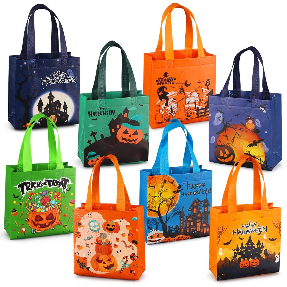 Aviski 8PCS Trick or Treat Bags - Small Multifunctional Non-Woven Halloween Tote Bags with Handles for Gifts Wrapping & Party Supplies