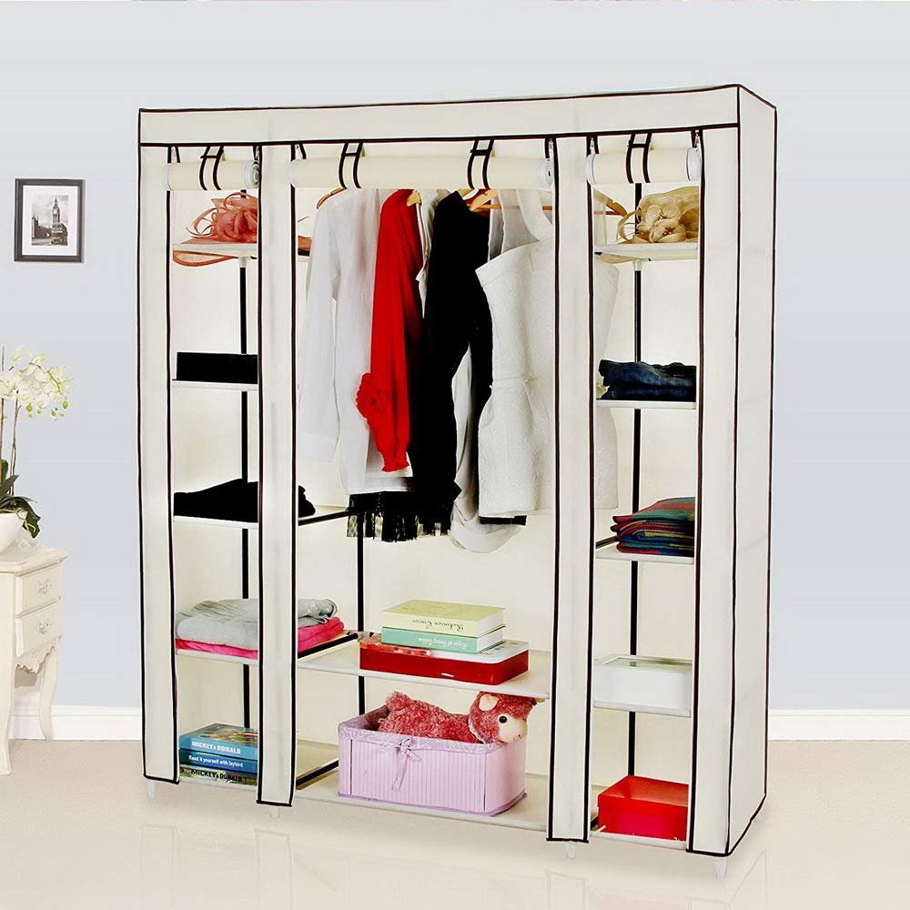 69" Portable Wardrobe Closet, Wardrobe Closet for Hanging Clothes with 1 Hanging Rods, 12 Clothes Storage Organizer Shelves, Non-Woven Fabric Wardrobe, Easy to Assemble (58" x 17" x 69", Beige)