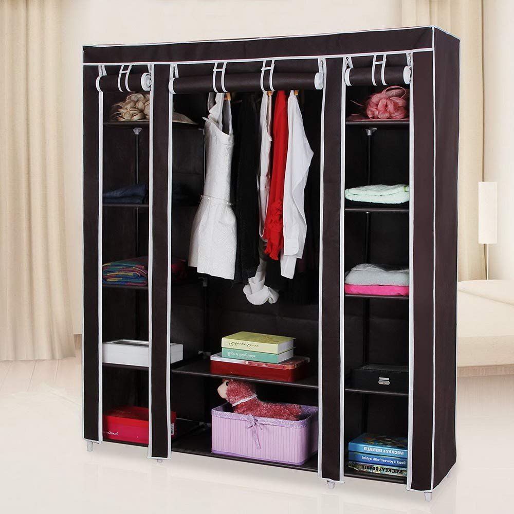 69" Portable Wardrobe Closet, Wardrobe Closet for Hanging Clothes with 1 Hanging Rods, 12 Clothes Storage Organizer Shelves, Non-Woven Fabric Wardrobe, Easy to Assemble (58" x 17" x 69", Dark Brown)