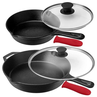 6 Piece Pre-Seasoned Cast Iron Skillet Set with Lids & Red Silicone Holders
