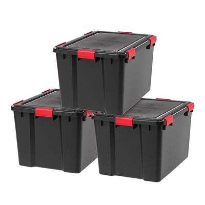 IRIS USA WeatherPro 74 Qt Storage Bins with Lids, 3 Pack, BPA-Free Plastic Gasket Box with Tight Latch and Seal, Stackable Nestable Tote Tub - Black/Red