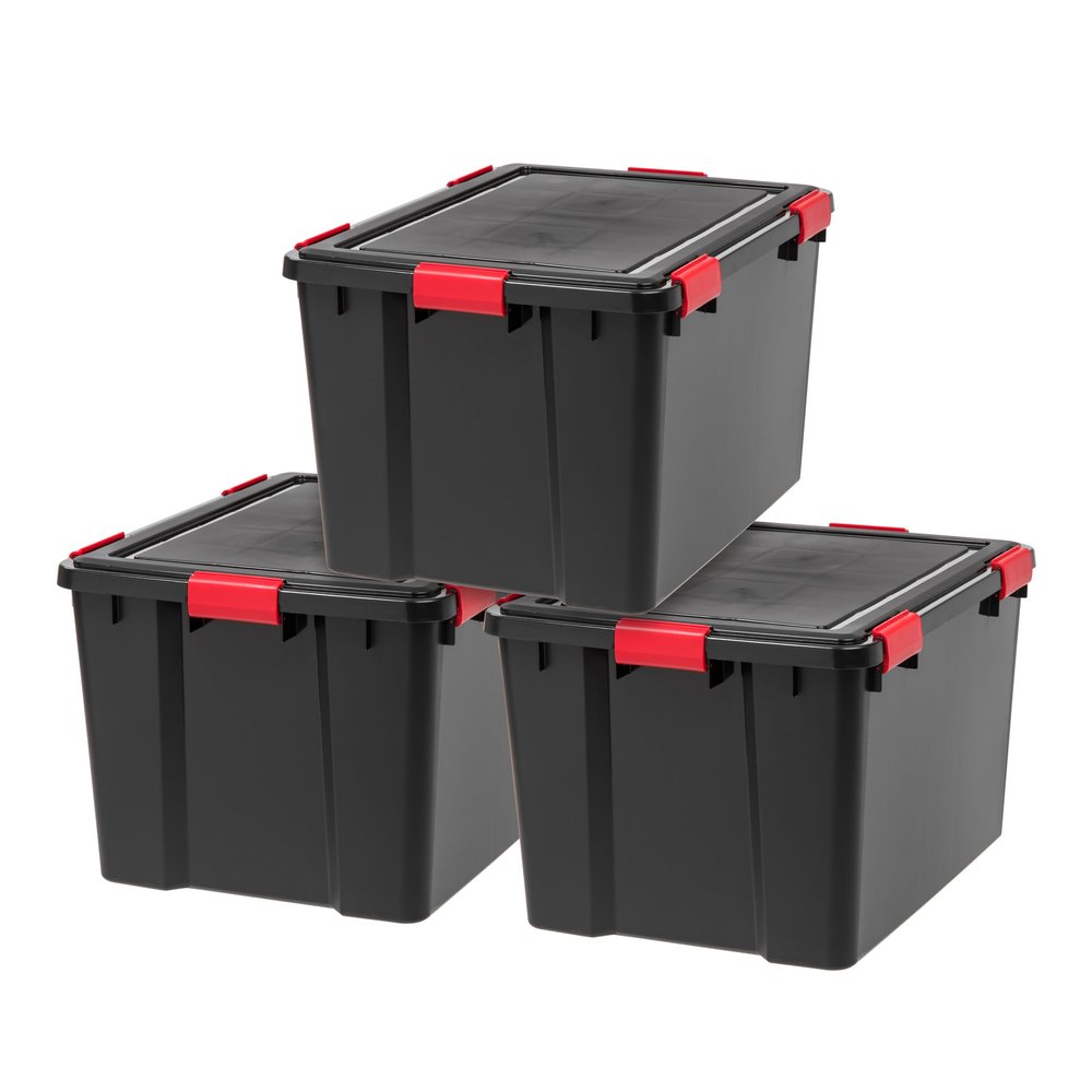 IRIS USA WeatherPro 74 Qt Storage Bins with Lids, 3 Pack, BPA-Free Plastic Gasket Box with Tight Latch and Seal, Stackable Nestable Tote Tub - Black/Red