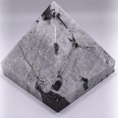 3.7" 1.77LBs White Rainbow Moonstone w/Black Tourmaline Inclusions Pyramid Polished Natural Feldspar Gemstone Crystal Mineral Specimen - India + One Polished Clear Quartz Cabochon