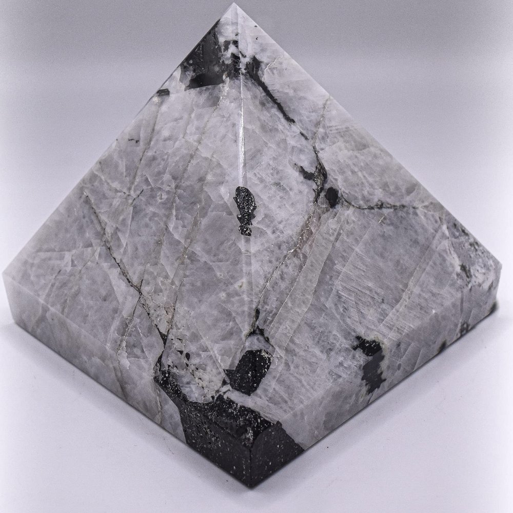3.7" 1.77LBs White Rainbow Moonstone w/Black Tourmaline Inclusions Pyramid Polished Natural Feldspar Gemstone Crystal Mineral Specimen - India + One Polished Clear Quartz Cabochon