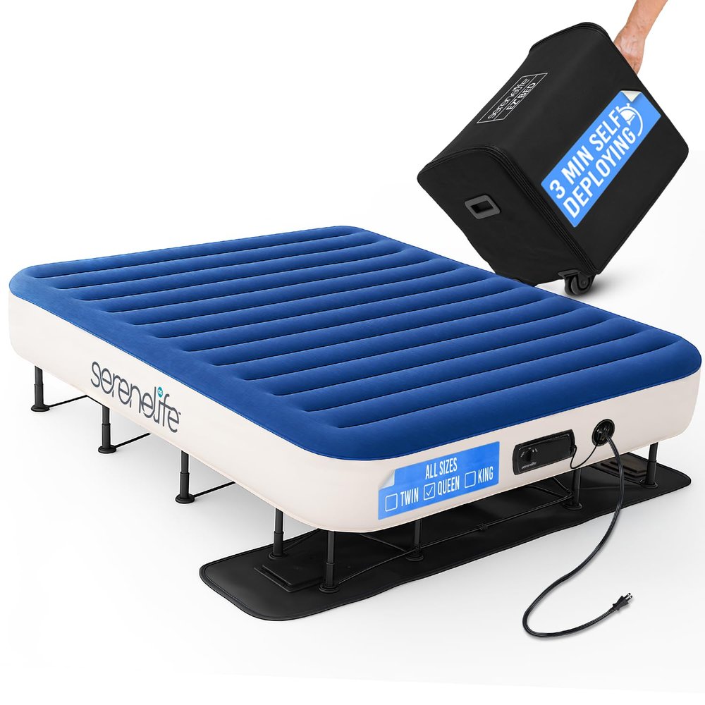 SereneLife EZ Bed Air Mattress with Frame and Rolling Case, Self-Inflating Airbed with Built in Pump for Travel and Hosting, Queen