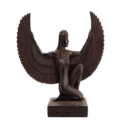 Ancient Egyptian statue of Isis wings Goddess of fertility and was also known as the goddess .of motherhood, magic, death, healing, and rebirth Her name means Queen of the throne.