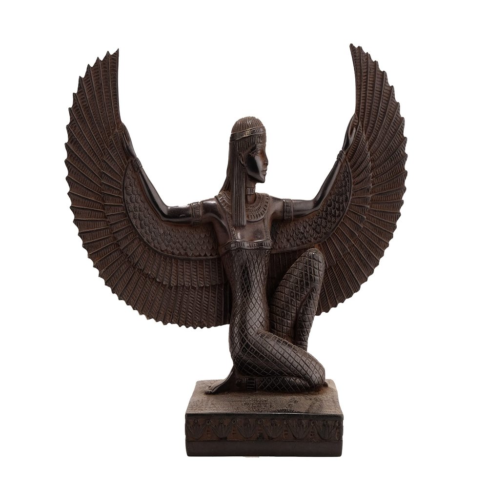 Ancient Egyptian statue of Isis wings Goddess of fertility and was also known as the goddess .of motherhood, magic, death, healing, and rebirth Her name means Queen of the throne.