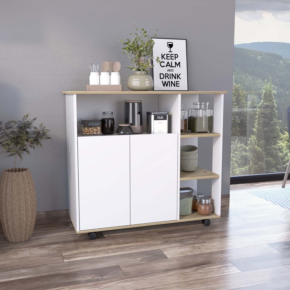 FM FURNITURE Serbia Kitchen Island with Casters, Double Cabinet, 6 Wine Cubbies, and 3 Open Shelves, Light Oak/White