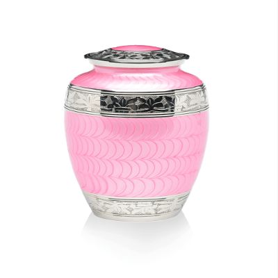 Adult Cremation Urn for Human Ashes - Pink Enamel Over Nickel-Plated Brass Memorial Cremation Urn with Fleur-de-lis Design - Brass Urn, Adult - 200 cu. in.