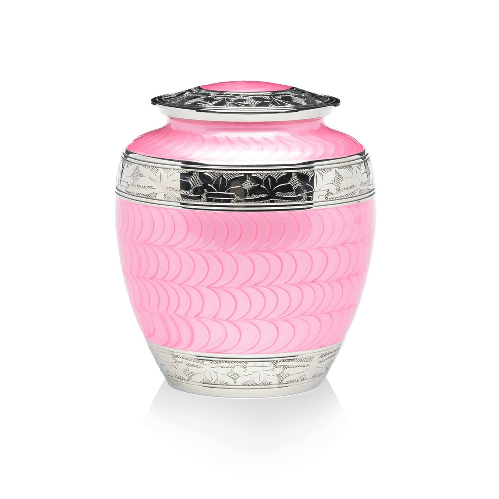 Adult Cremation Urn for Human Ashes - Pink Enamel Over Nickel-Plated Brass Memorial Cremation Urn with Fleur-de-lis Design - Brass Urn, Adult - 200 cu. in.