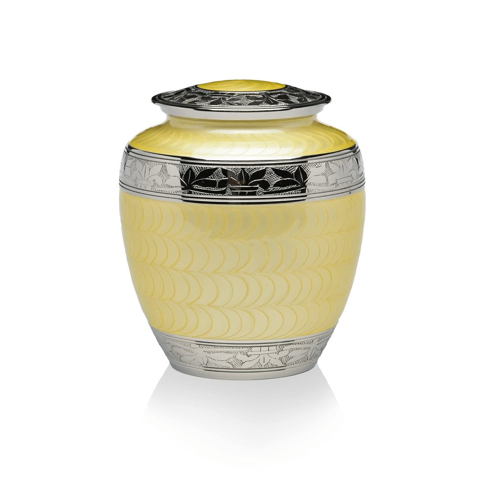 Adult Cremation Urn for Human Ashes - Yellow Enamel Over Nickel-Plated Brass Memorial Cremation Urn with Fleur-de-lis Design - Brass Urn, Adult - 200 cu. in.