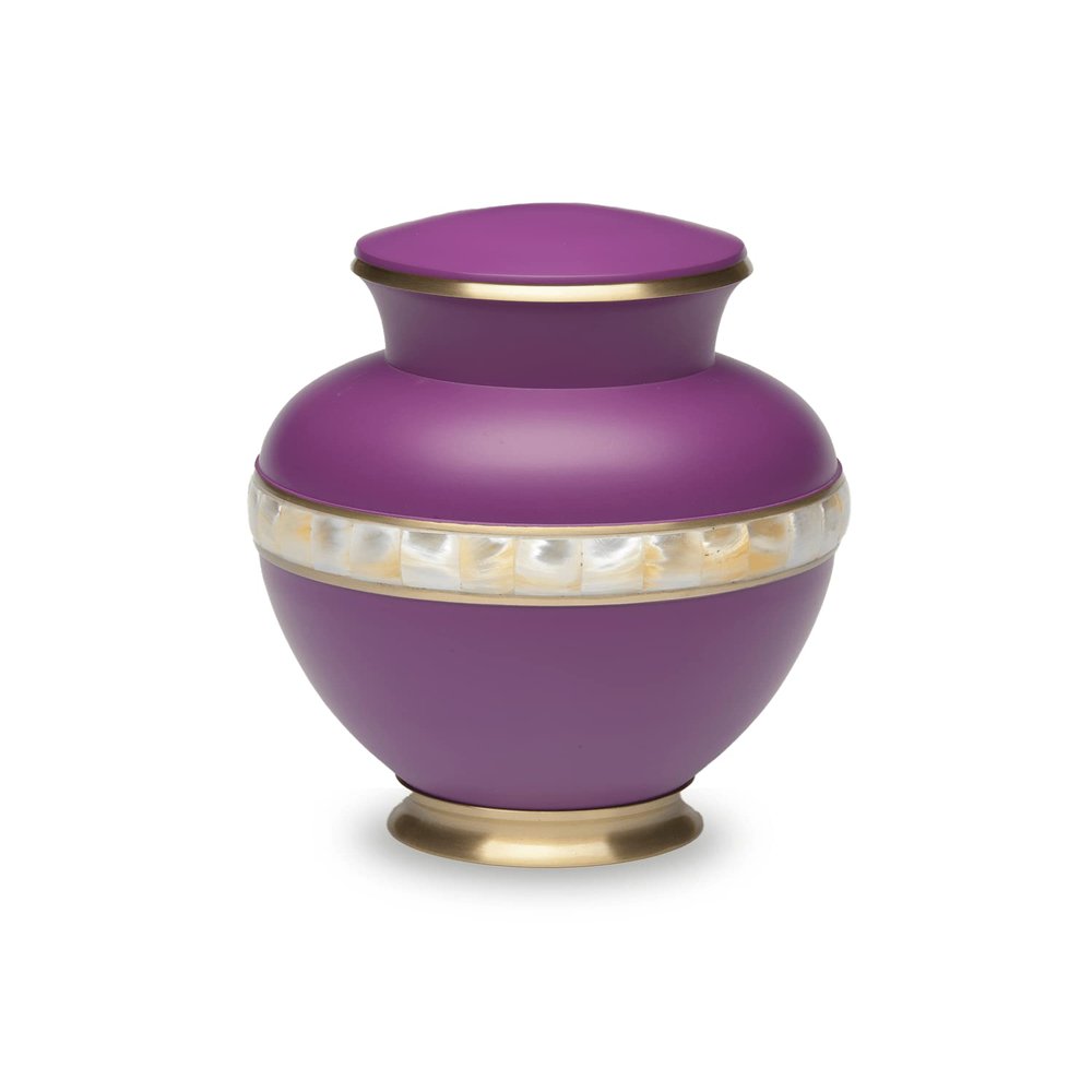 Adult Cremation Urn for Human Ashes - Matte Purple Brass Cremation Urn with Mother of Pearl Band - Adult Size - Matte Purple - 200 cu. in.