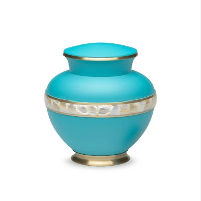 Adult Cremation Urn for Human Ashes - Matte Turquoise Brass Cremation Urn with Mother of Pearl Band - Adult Size - Matte Turquoise - 200 cu. in.