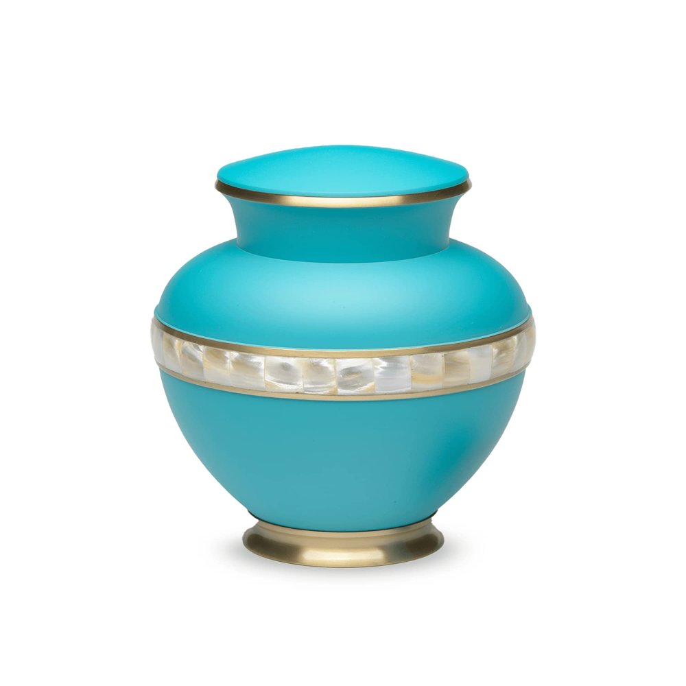 Adult Cremation Urn for Human Ashes - Matte Turquoise Brass Cremation Urn with Mother of Pearl Band - Adult Size - Matte Turquoise - 200 cu. in.