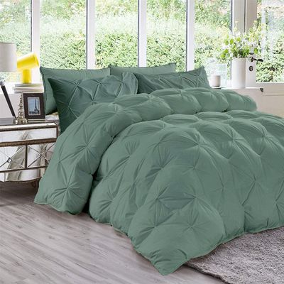 All Season 3PC Down Comforter Sets, 100% Organic Cotton 800TC 600GSM. Pinch Pleated, Breathable, Soft, Fluffy, Light Weight, Machine Washable, EXPANDED Queen Size, Moss