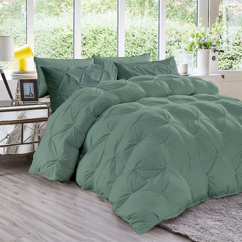 All Season 3PC Down Comforter Sets, 100% Organic Cotton 800TC 600GSM. Pinch Pleated, Breathable, Soft, Fluffy, Light Weight, Machine Washable, EXPANDED Queen Size, Moss