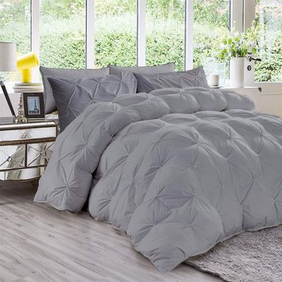 All Season 3PC Down Comforter Sets, 100% Organic Cotton 800TC 600GSM. Pinch Pleated, Breathable, Soft, Fluffy, Light Weight, Machine Washable, Standard Queen Size, Silver Grey