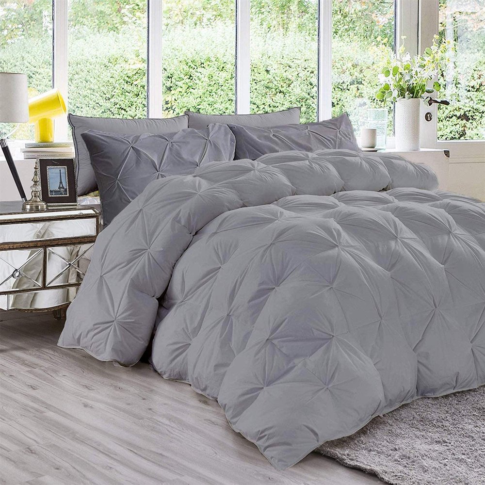 All Season 3PC Down Comforter Sets, 100% Organic Cotton 800TC 600GSM. Pinch Pleated, Breathable, Soft, Fluffy, Light Weight, Machine Washable, Standard Queen Size, Silver Grey