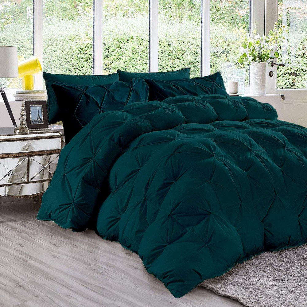 All Season 3PC Down Comforter Sets, 100% Organic Cotton 800TC 600GSM. Pinch Pleated, Breathable, Soft, Fluffy, Light Weight, Machine Washable, King Size, Teal