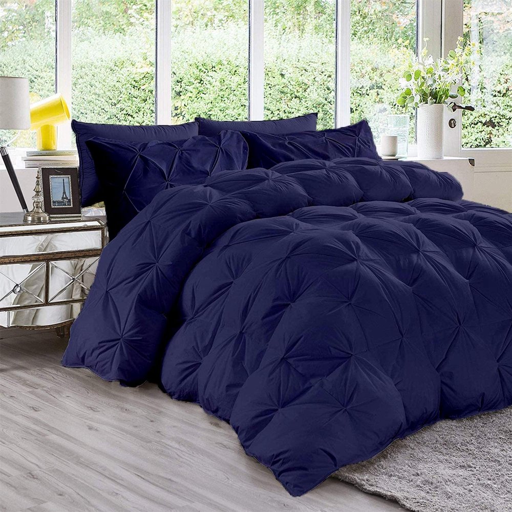 All Season 3PC Down Alternative Comforter Sets, 100% Organic Cotton 800TC 600GSM. Pinch Pleated, Breathable, Soft, Fluffy, Light Weight, Machine Washable, Full XL Size, Navy Blue