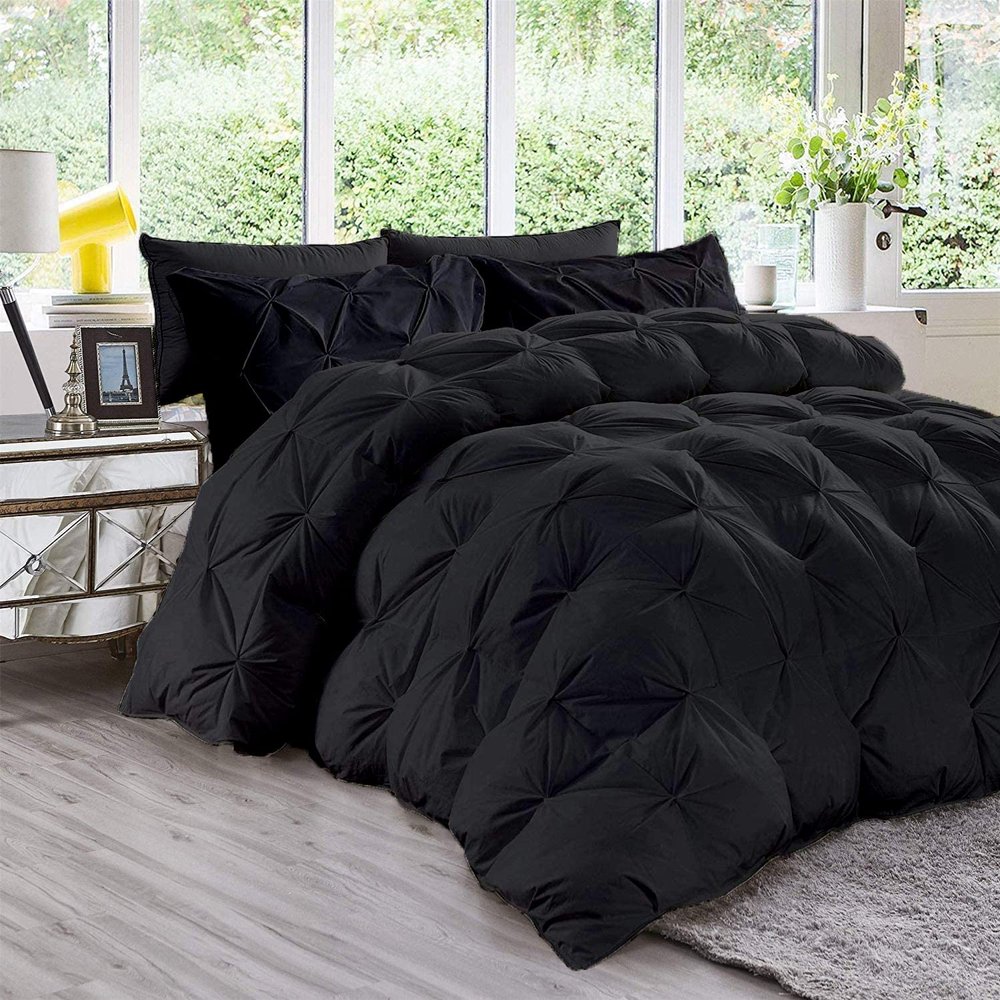 All Season 3PC Down Alternative Comforter Sets, 100% Organic Cotton 800TC 600GSM. Pinch Pleated, Breathable, Soft, Fluffy, Light Weight, Machine Washable, Twin XL Size, Black