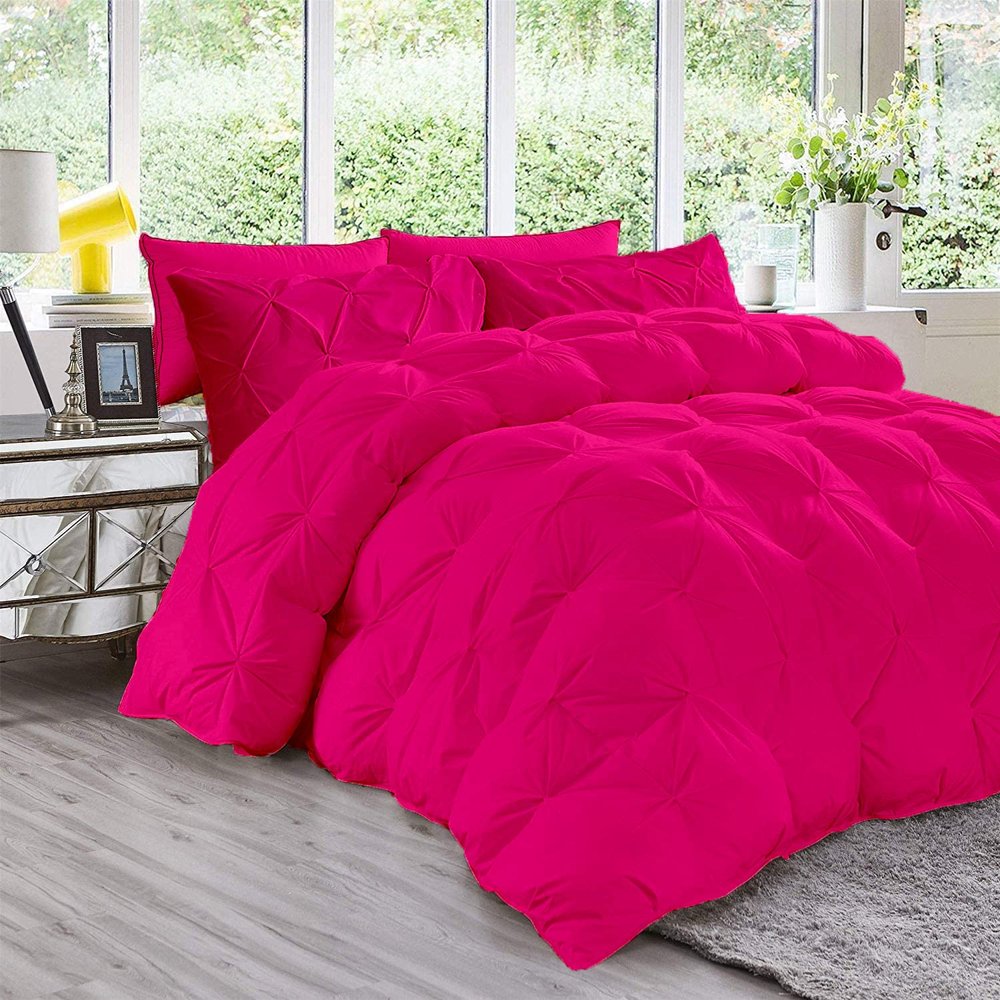 All Season 3PC Down Alternative Comforter Sets, 100% Organic Cotton 800TC 600GSM. Pinch Pleated, Breathable, Soft, Fluffy, Light Weight, Machine Washable, Twin Size, HOT Pink