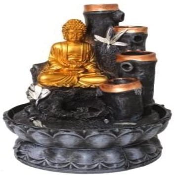 Beautiful Fountain Statue of Golden Budha with White Flower for Home and Office Decoration, Made up of Poly-Resin and Marble Powder