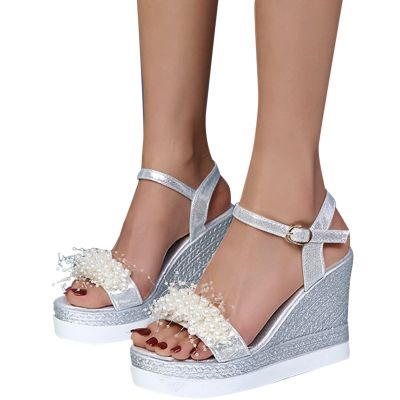 ZBYY Women's Wedges Sandals Ankle Strap Pearl Floral Casual Summer Dressy Platform Sandals Soft Open Toe Wedge Shoes