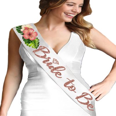 RhinestoneSash Bride Sash Floral - Sunset Hibiscus Wedding Decor Floral Rose Gold Sparkle Diamond Bride to Be Bridal Grade Satin Sash - Monstera Bachelorette Sashes - White Sash(RG MnstrFlrl)